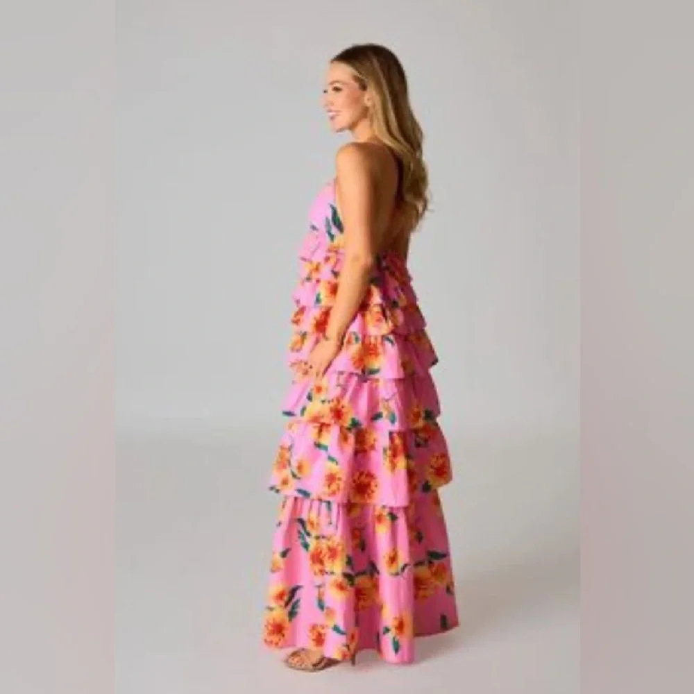 Viral Buddy Love Floral Sunflower Pink Ruffle Maxi Dress - Picture 4 of 9